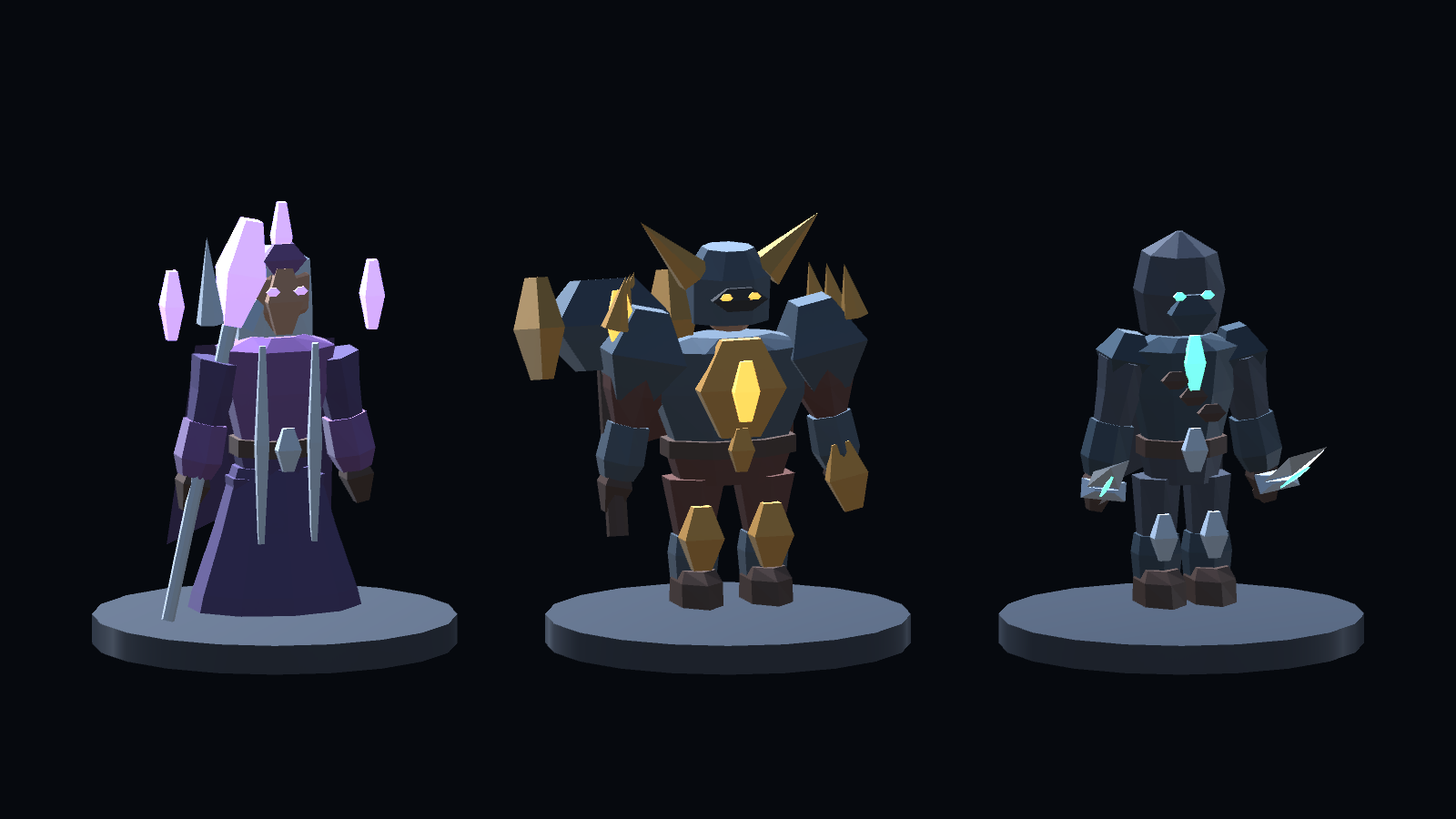 Lyra with her crystal staff, Torr in heavy armor, and Nyx wielding twin daggers